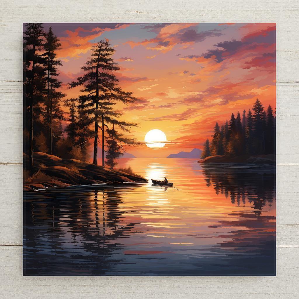 This ceramic art tile captures a tranquil lake sunset with a lone canoeist and glowing skies. Ideal for rustic cabins or nature lovers' walls, it brings warmth, peace, and lakeside charm to any setting.