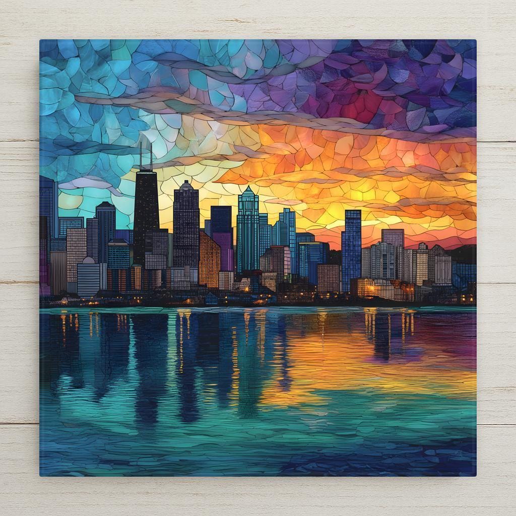 Chicago skyline at sunset with vibrant stained glass sky and colorful reflections over Lake Michigan, ceramic tile wall art.