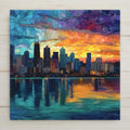Chicago skyline at sunset with vibrant stained glass sky and colorful reflections over Lake Michigan, ceramic tile wall art.