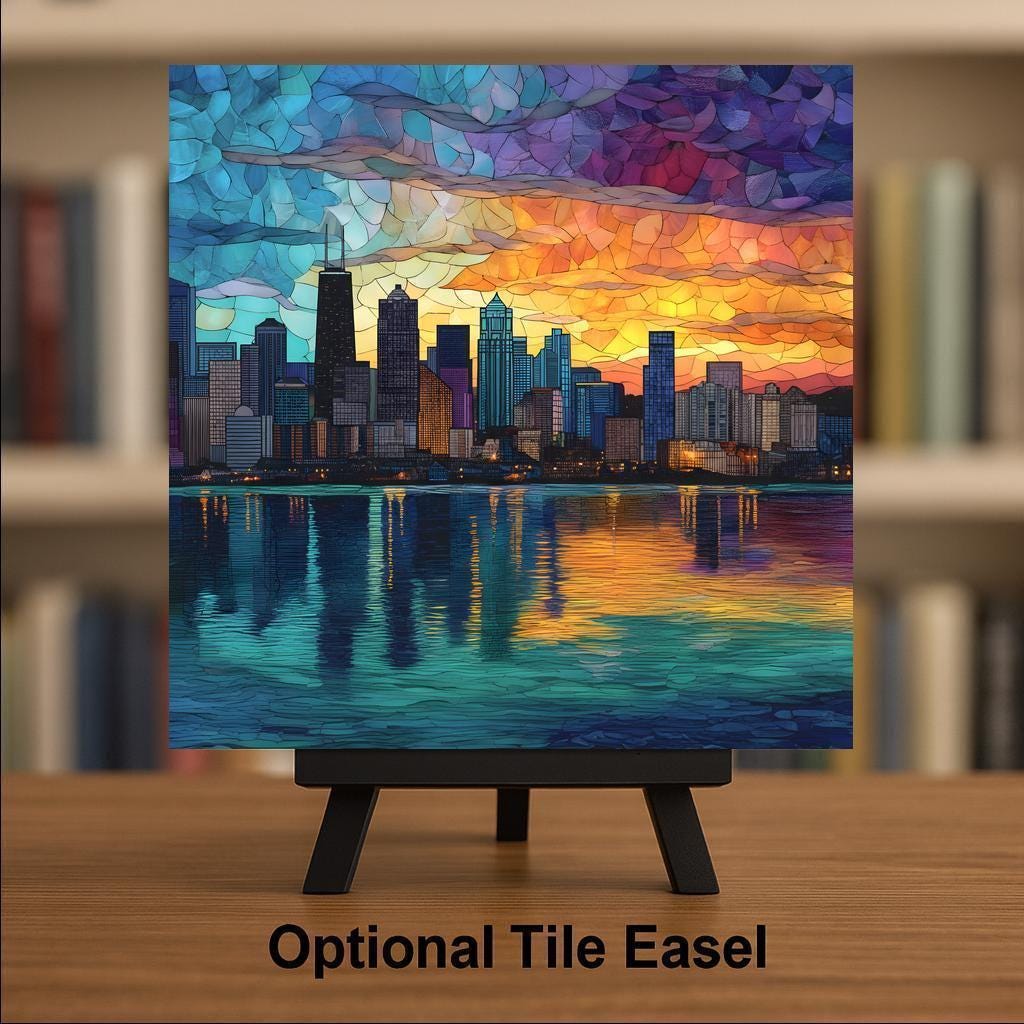 Chicago Skyline Wall Art Ceramic Tile Stained Glass Style Sunset Cityscape Decor Colorful Urban Lakefront Gift Tile