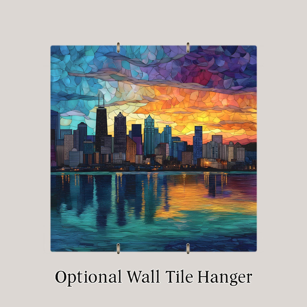 Chicago Skyline Wall Art Ceramic Tile Stained Glass Style Sunset Cityscape Decor Colorful Urban Lakefront Gift Tile