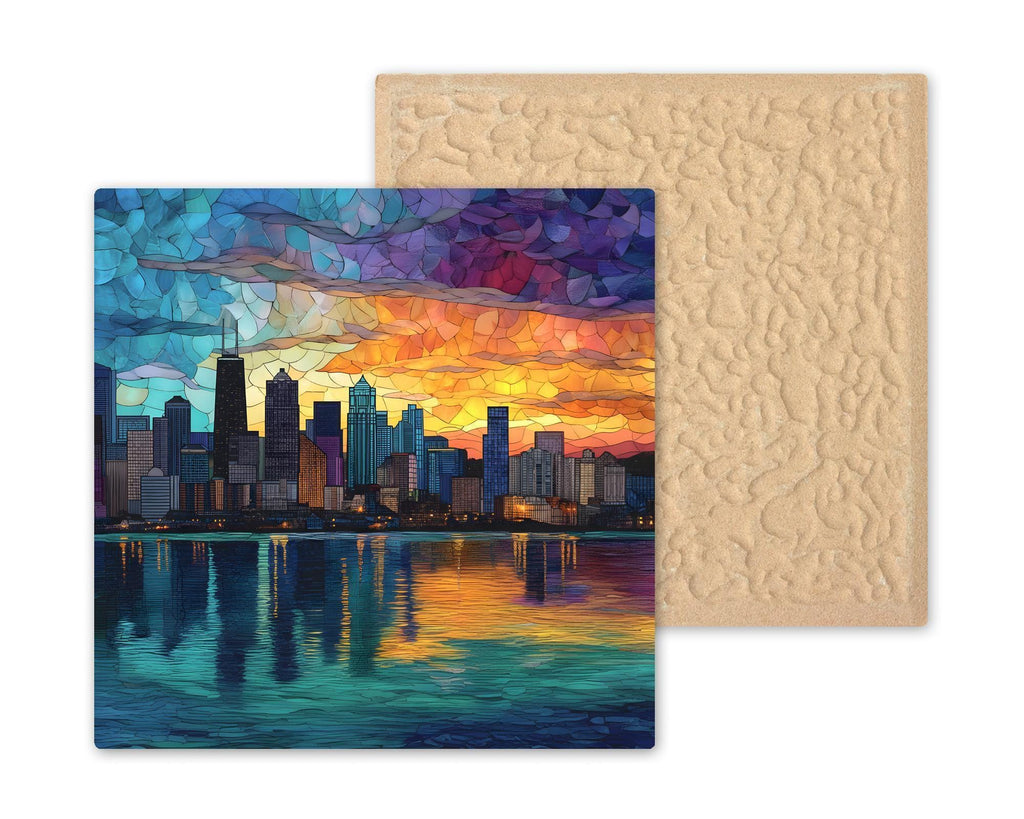 Chicago Skyline Wall Art Ceramic Tile Stained Glass Style Sunset Cityscape Decor Colorful Urban Lakefront Gift Tile