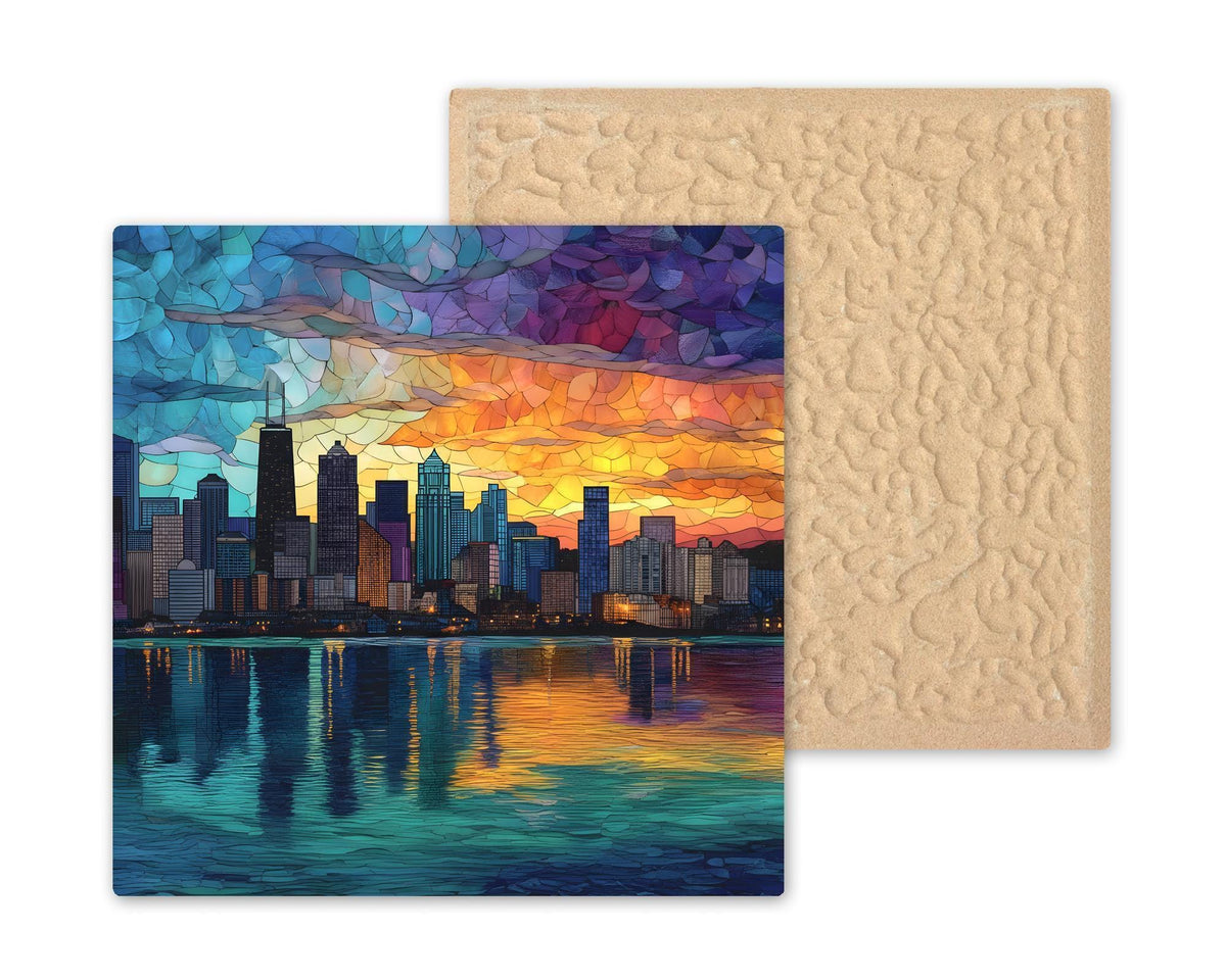 Chicago Skyline Wall Art Ceramic Tile Stained Glass Style Sunset Cityscape Decor Colorful Urban Lakefront Gift Tile