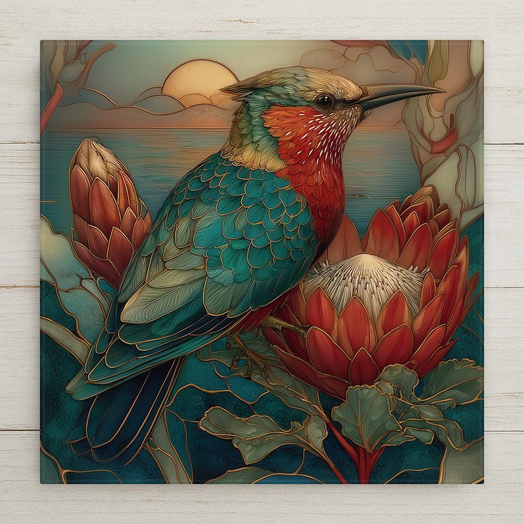 Botanical hummingbird wall art ceramic tile showing a colorful hummingbird perched near protea flowers with ocean sunset background in stained glass style.