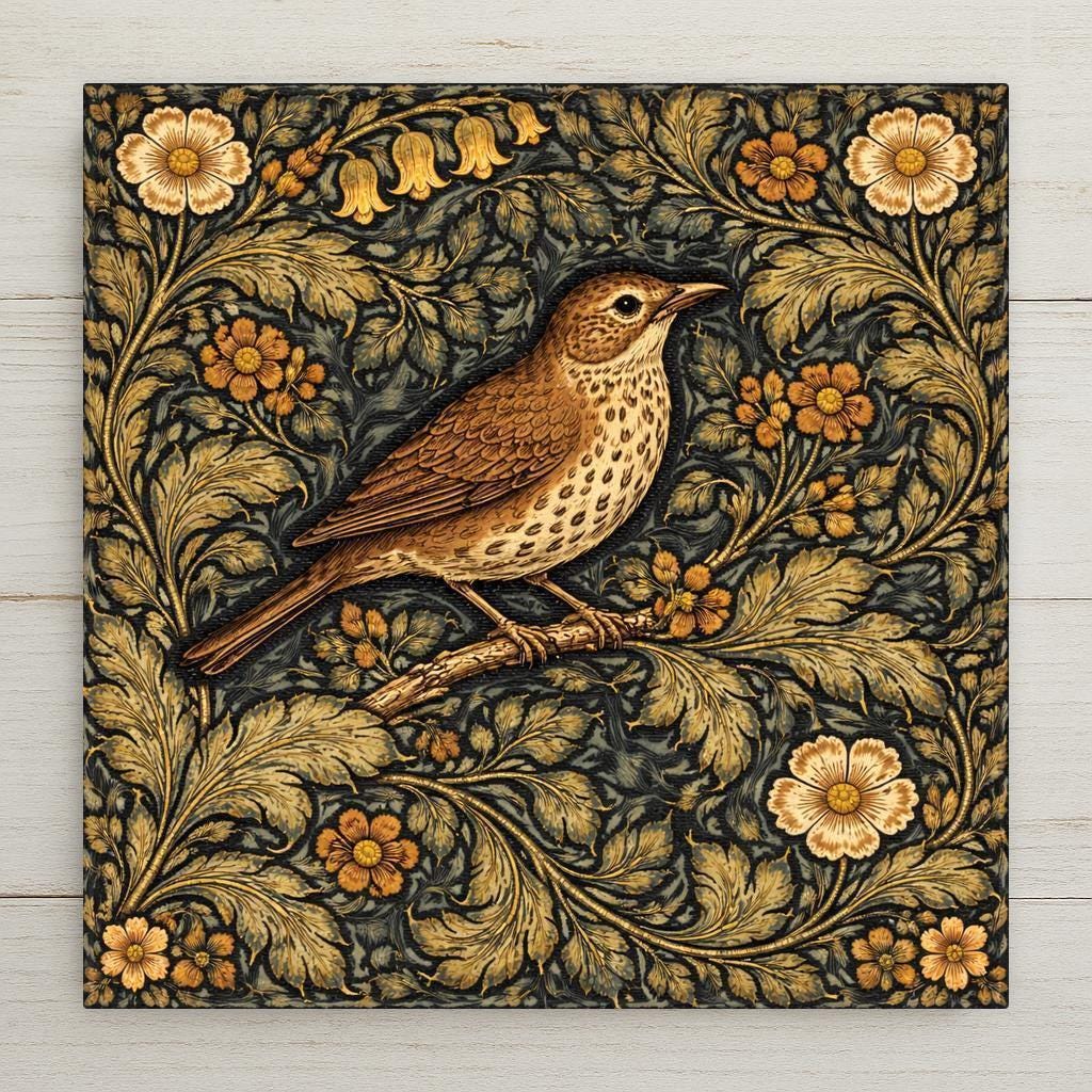 William Morris inspired songbird ceramic tile featuring intricate botanical foliage in deep green and antique gold tones. Vintage bird wall art for cottagecore and traditional home decor.