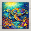 Sea turtle ceramic tile wall art in a stained glass style featuring vibrant ocean blues, coral details, and flowing water patterns. Coastal wall decor and beach home decor inspired by ocean life. Printed ceramic tile with optional tile wall hanger, easel tile stand, cork backing, or premium frame option for wall or table display.