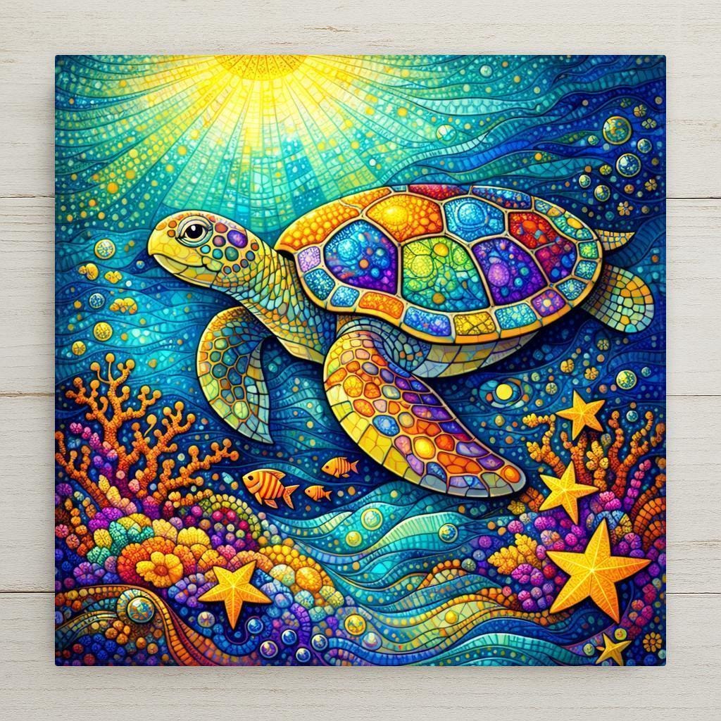 Sea turtle ceramic tile wall art in a stained glass style featuring vibrant ocean blues, coral details, and flowing water patterns. Coastal wall decor and beach home decor inspired by ocean life. Printed ceramic tile with optional tile wall hanger, easel tile stand, cork backing, or premium frame option for wall or table display.