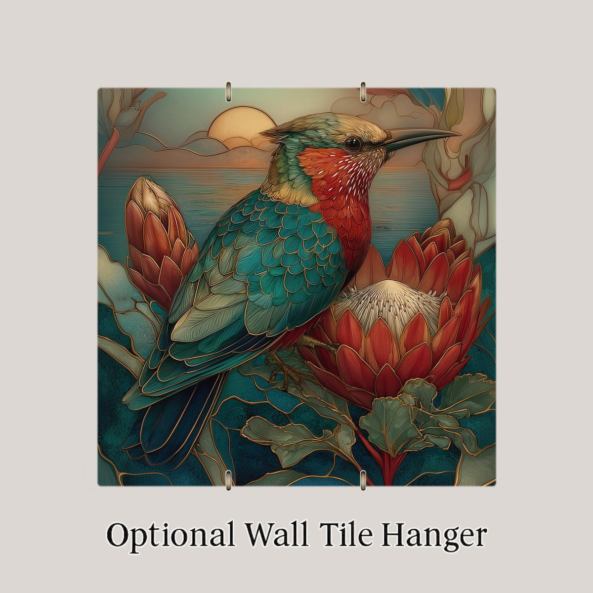 Protea Flower Hummingbird Wall Art Ceramic Tile – Botanical Wall Decor Home Decor – Stained Glass Style Floral