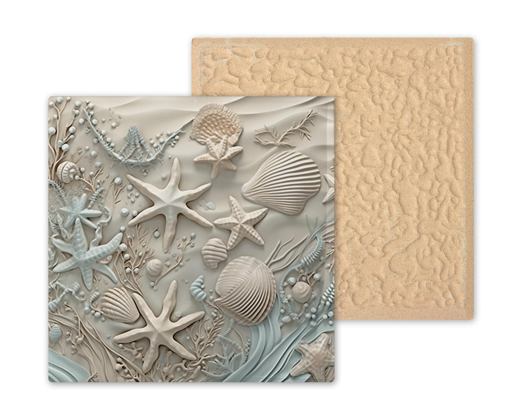 This beach tile features printed starfish and shells in sculpted detail. Not carved—just a smooth ceramic tile with deep texture printing. Perfect for beachy decor. Optional cork, wall hanger, or tile stand available.