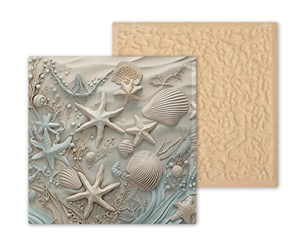 This beach tile features printed starfish and shells in sculpted detail. Not carved—just a smooth ceramic tile with deep texture printing. Perfect for beachy decor. Optional cork, wall hanger, or tile stand available.