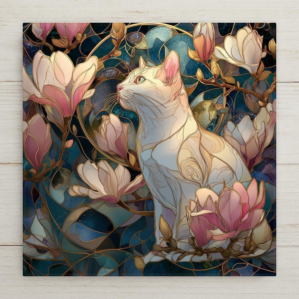 Cat and magnolia stained glass style wall art ceramic tile. Features a white cat among spring blossoms with glowing floral details. Perfect for cat lovers, gardeners, and floral wall art enthusiasts. A luminous gift for nature and pet lovers. Optional tile wall hanger, easel tile stand, or cork backing available.