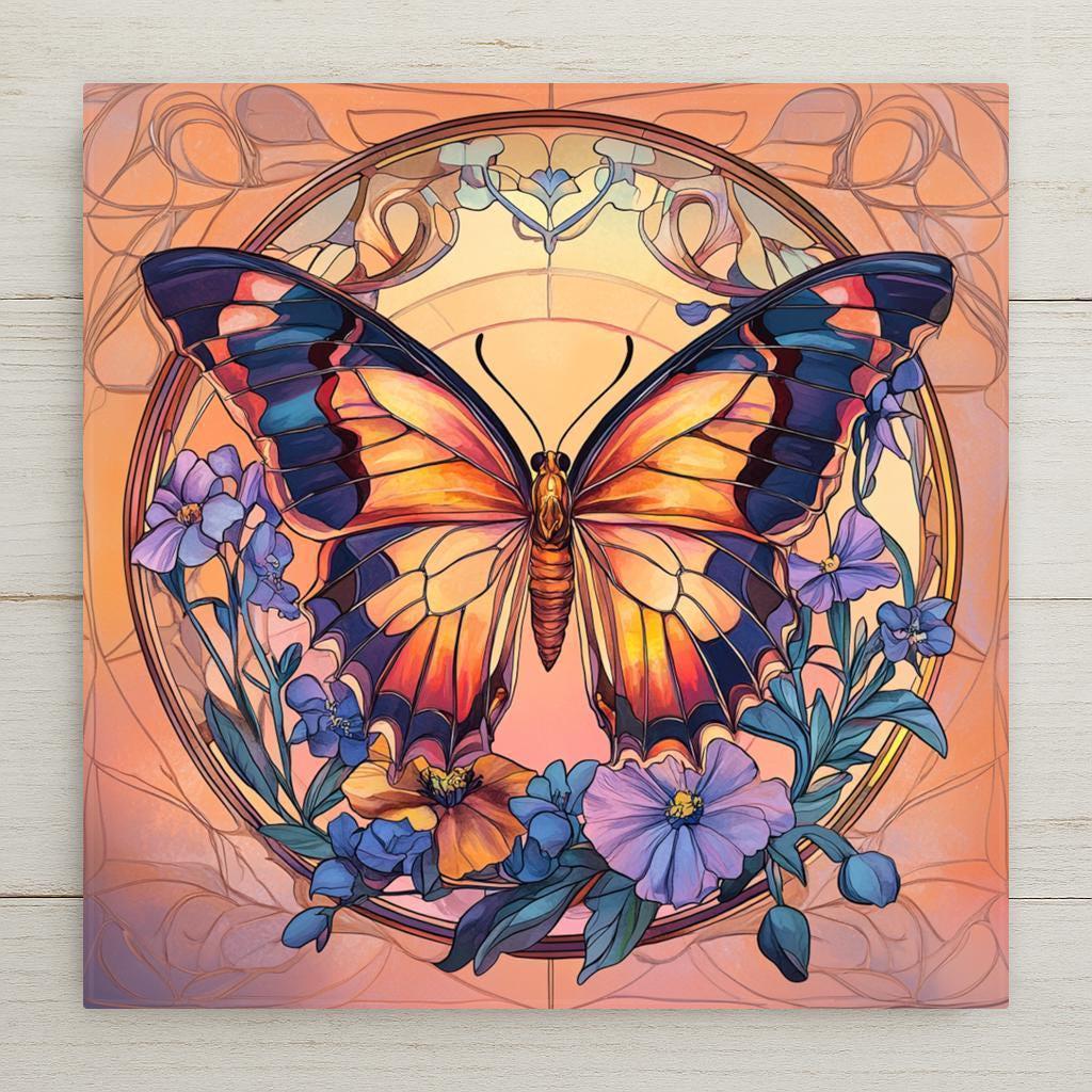 Butterfly tile wall art in stained glass style with warm orange wings and soft blue florals. A handmade home decor ceramic gift for spring, garden, or nature décor.