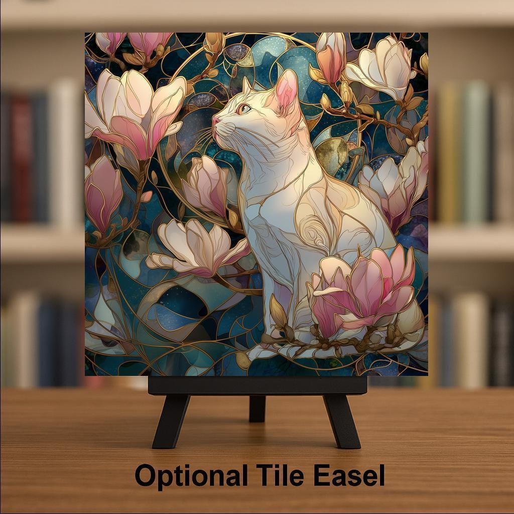 Magnolia Blossom Cat Wall Art Ceramic Tile Spring Floral Decor Cat Gift Mothers Day Gift