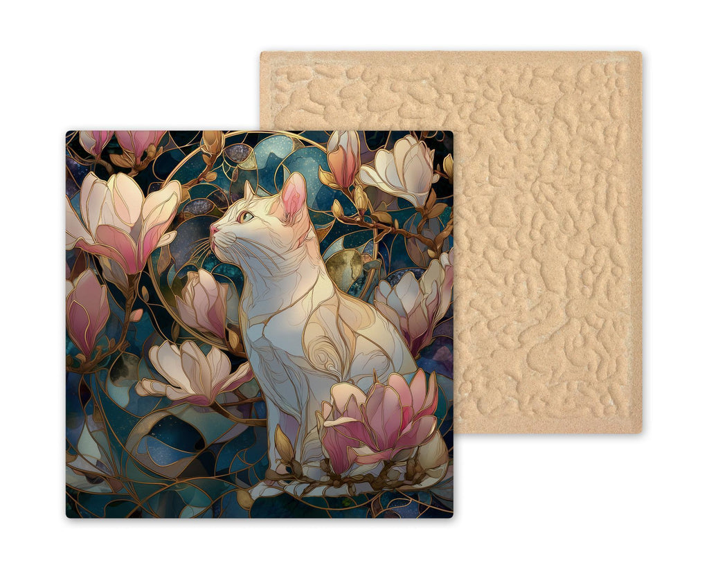 Magnolia Blossom Cat Wall Art Ceramic Tile Spring Floral Decor Cat Gift Mothers Day Gift