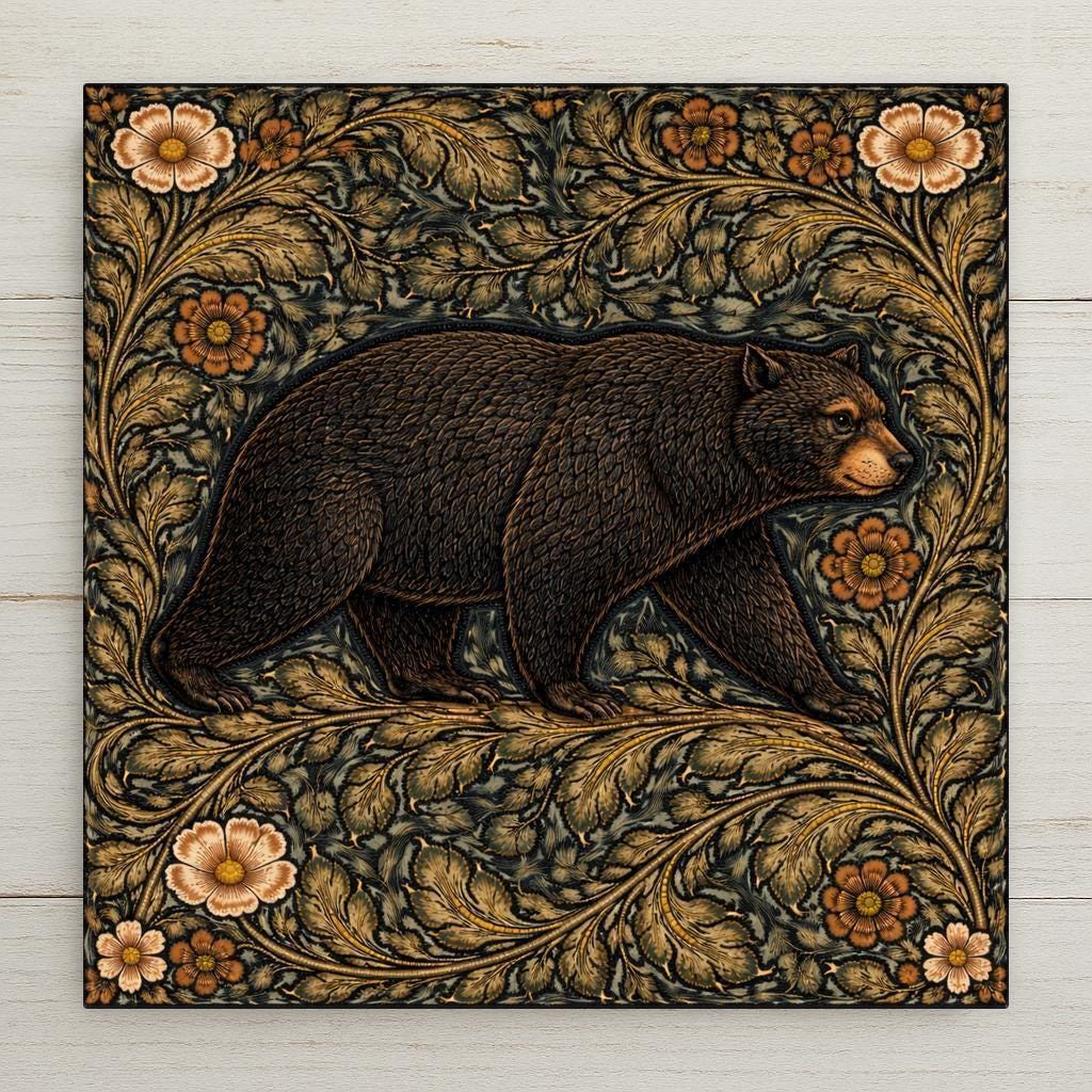 Brown bear walking through ornate forest foliage in William Morris style woodland ceramic tile artwork with rich earth tones.