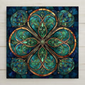 Stained glass style Celtic knot ceramic tile featuring a symmetrical four-leaf clover design in teal and emerald tones with gold intertwined knotwork inside circular medallions. Irish-inspired spiritual wall art for Celtic home decor and heritage styling.