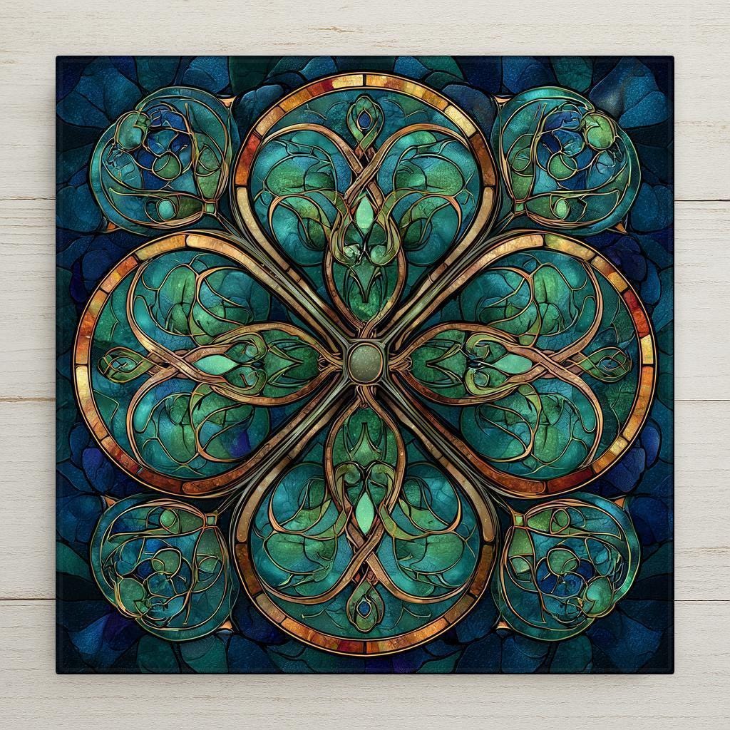 Stained glass style Celtic knot ceramic tile featuring a symmetrical four-leaf clover design in teal and emerald tones with gold intertwined knotwork inside circular medallions. Irish-inspired spiritual wall art for Celtic home decor and heritage styling.