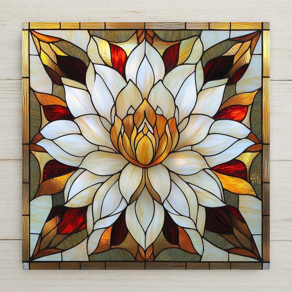 Elegant lotus flower ceramic tile in a stained-glass Art Nouveau style. Perfect for yoga rooms, spiritual décor, or vintage boho home design.