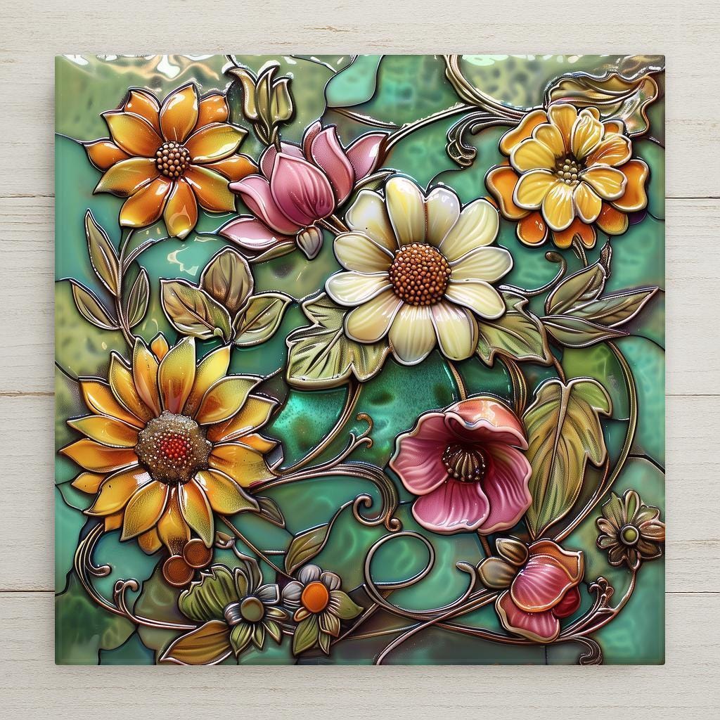 Bright floral stained glass-style tile with sunflowers, daisies, and poppies. Glossy ceramic finish and premium inks ensure lasting color. Optional cork backing, tile wall hanger, or easel tile stand available. A perfect summer gift for nature lovers or rustic home décor.