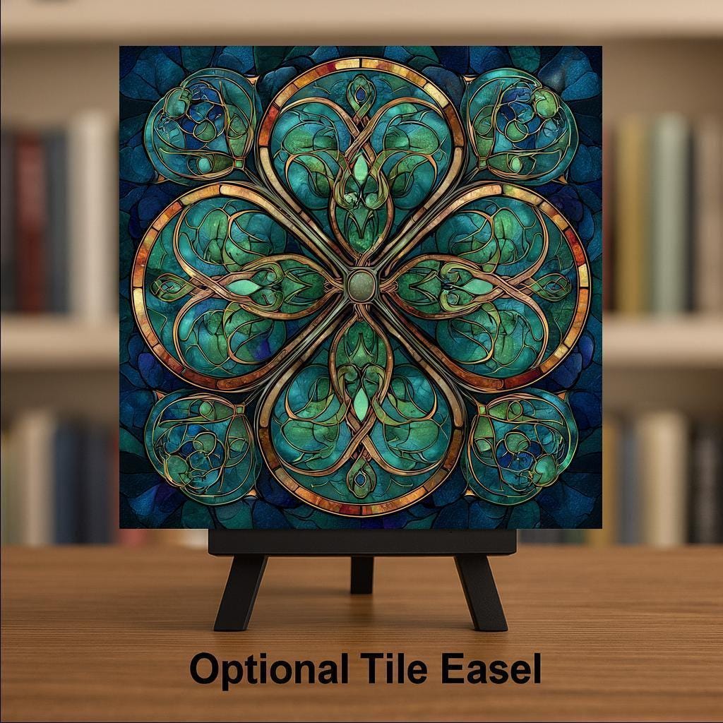 Celtic Knot Wall Art Ceramic Tile – Stained Glass Style Irish Clover Decor – Green Spiritual Wall Decor
