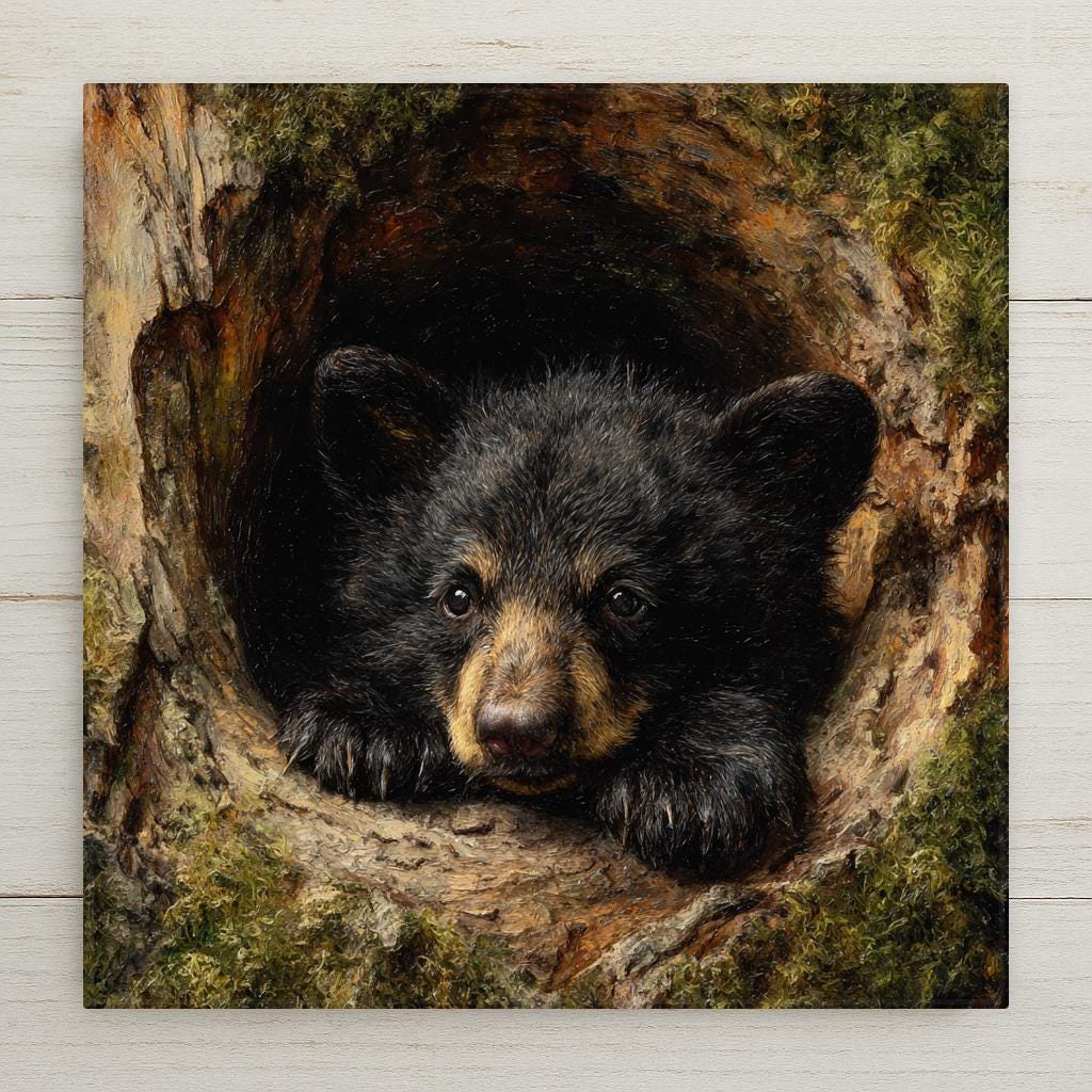 Bring woodland charm to your home decor with this black bear cub ceramic tile. Rich detail, warm texture, and peaceful wildlife style. Printed on durable ceramic. Optional tile wall hanger, easel tile stand, cork backing, and premium frame available. Not stained glass or sculpted material.
