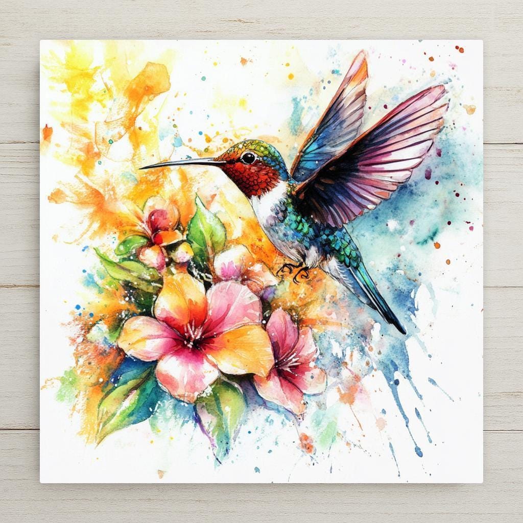 This gorgeous ceramic tile showcases a watercolor hummingbird in a burst of florals, capturing the grace and beauty of this beloved bird. The figurative style and expressive brushstrokes create a vivid scene full of energy and elegance. Whether hung as wall art or used as a functional kitchen trivet, this tile brings charm and personality to any space. The vibrant flowers and iridescent bird pop with color, offering a cheerful aesthetic perfect for spring and summer decor.