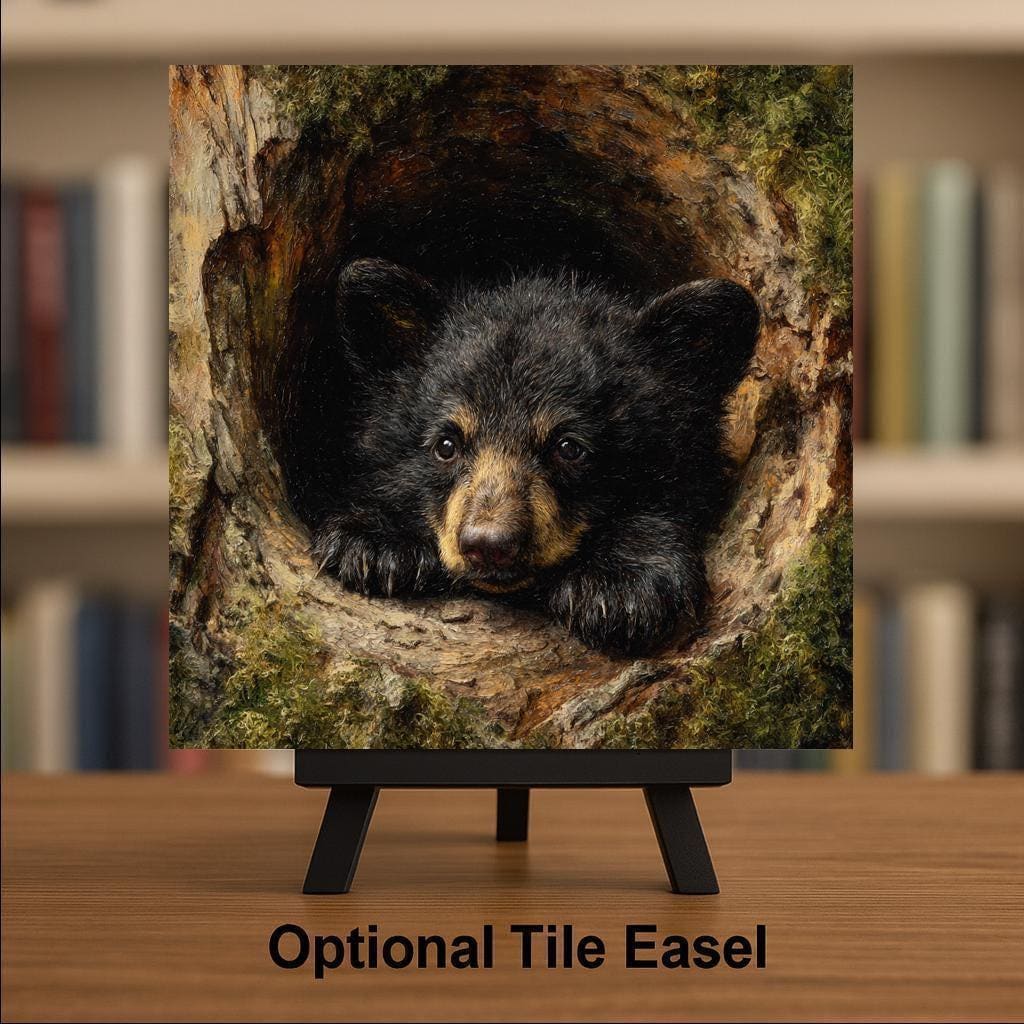 Black Bear Cub Ceramic Tile Wall Art - Woodland Wildlife Nature Rustic Cabin Home Decor Display Decorative Tile