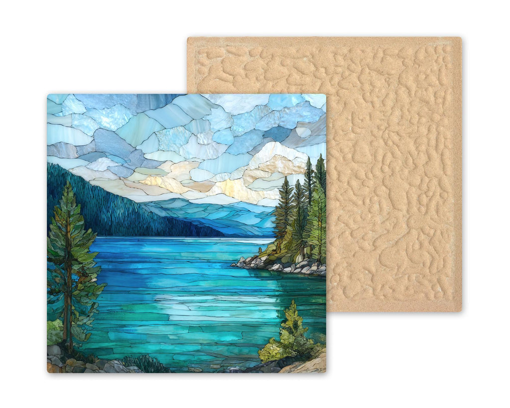 Lake Tahoe Ceramic Tile Wall Art – Alpine Blue Lake Landscape, Mountain Lake Decor, Mosaic Style Nature Wall Art