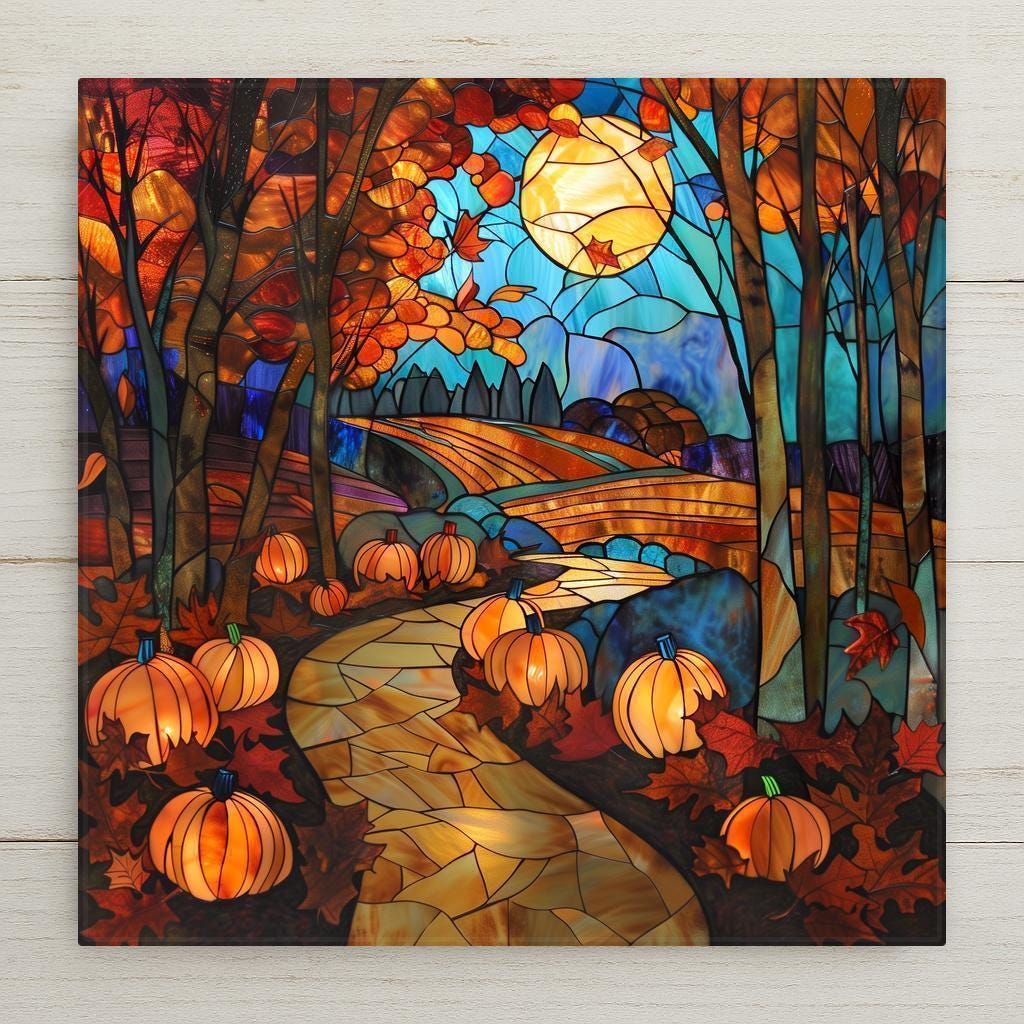 Stained glass–style ceramic tile featuring a pumpkin-lined path beneath a glowing harvest moon. While this wall art may look like stained glass or mosaic, it is not — this is a permanent print on ceramic tile wall decor. Printed with premium inks for lasting vivid color. Optional add-ons include a tile wall hanger, easel tile stand, or cork backing. Perfect for rustic fall décor, home decor, seasonal wall art, or thoughtful Thanksgiving gifts.