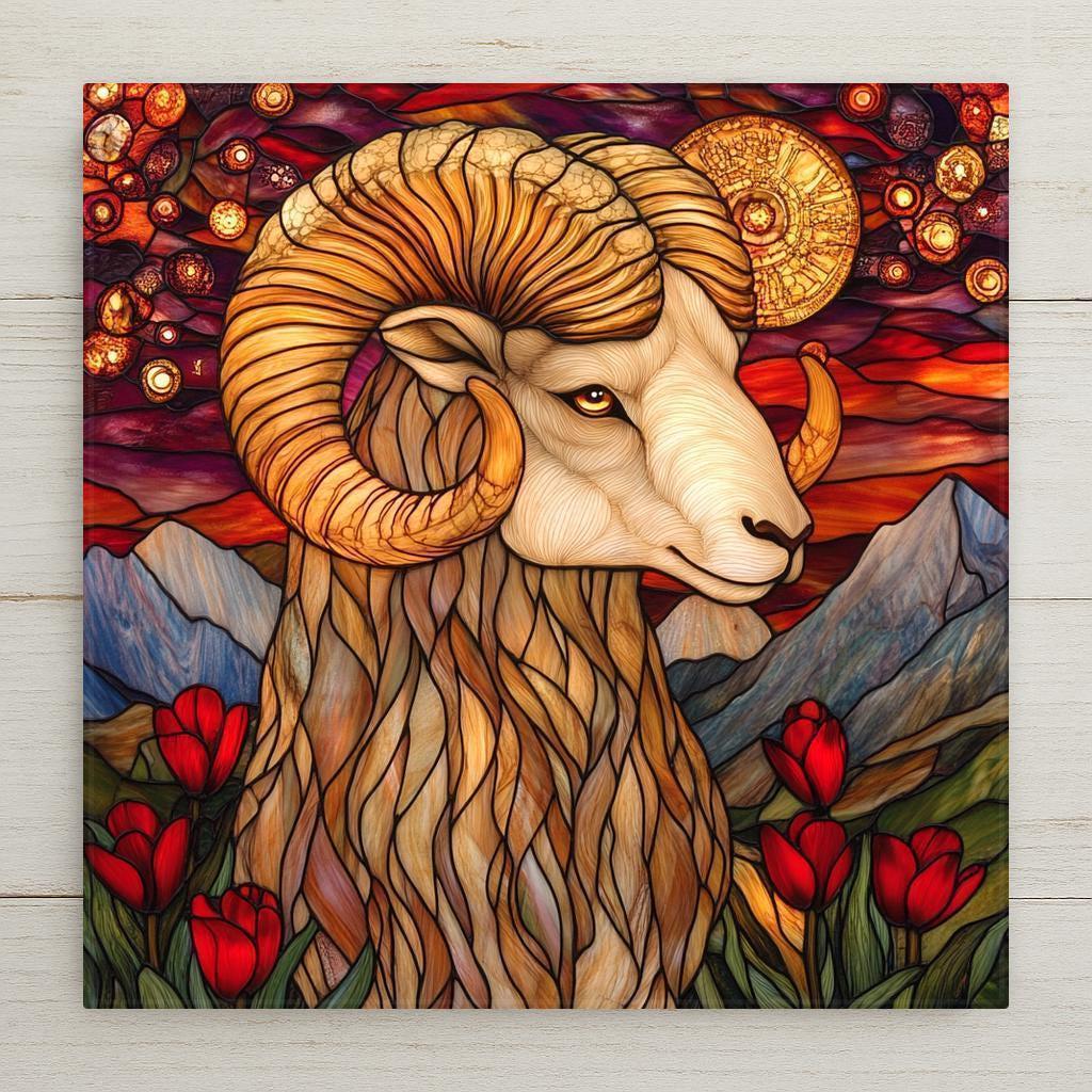 Aries zodiac tile with bold ram, tulips, and fiery cosmic sky. Stained glass–style ceramic tile perfect for zodiac gifts or home décor.