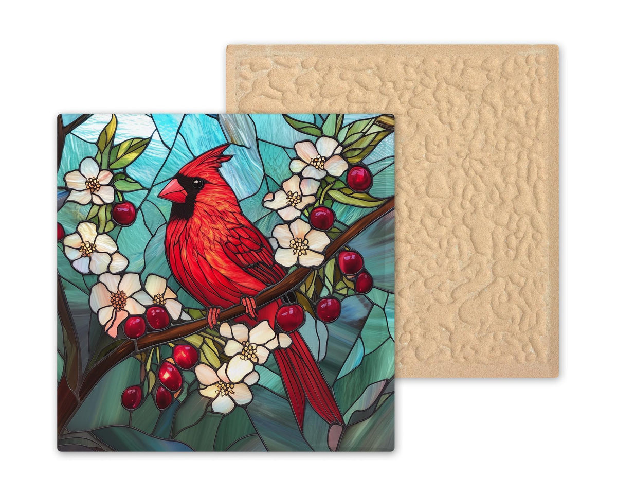 Cardinal Ceramic Tile: Stained Glass Style Memorial Bird Lover Gift