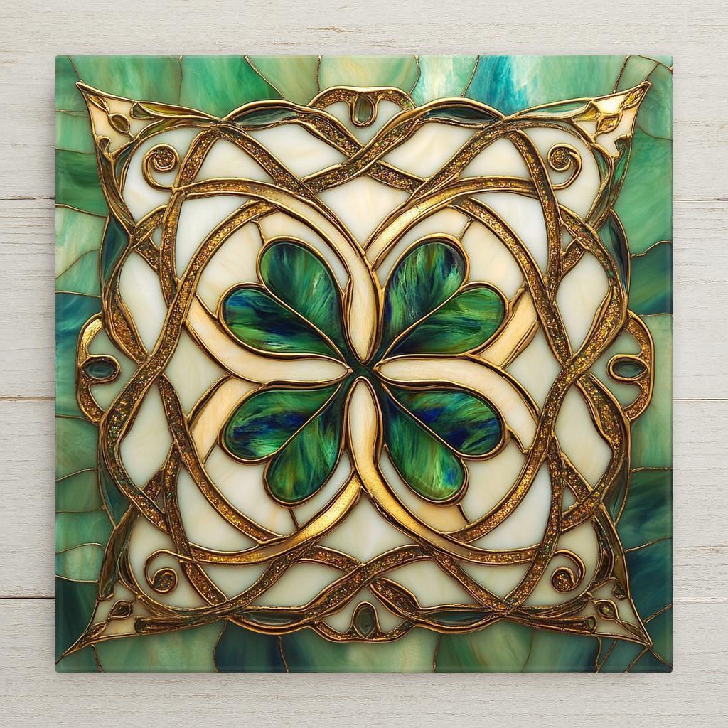 Celtic four-leaf clover tile with intricate knotwork and stained glass style. Irish ceramic wall art perfect for home decor or seasonal gifting.
