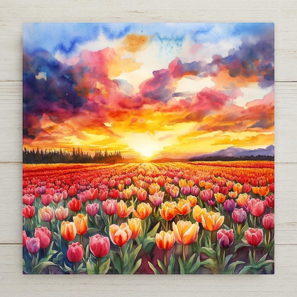 Vibrant ceramic tile art of tulip fields at sunset in watercolor style. Colorful spring home décor or floral gift for nature and art lovers.