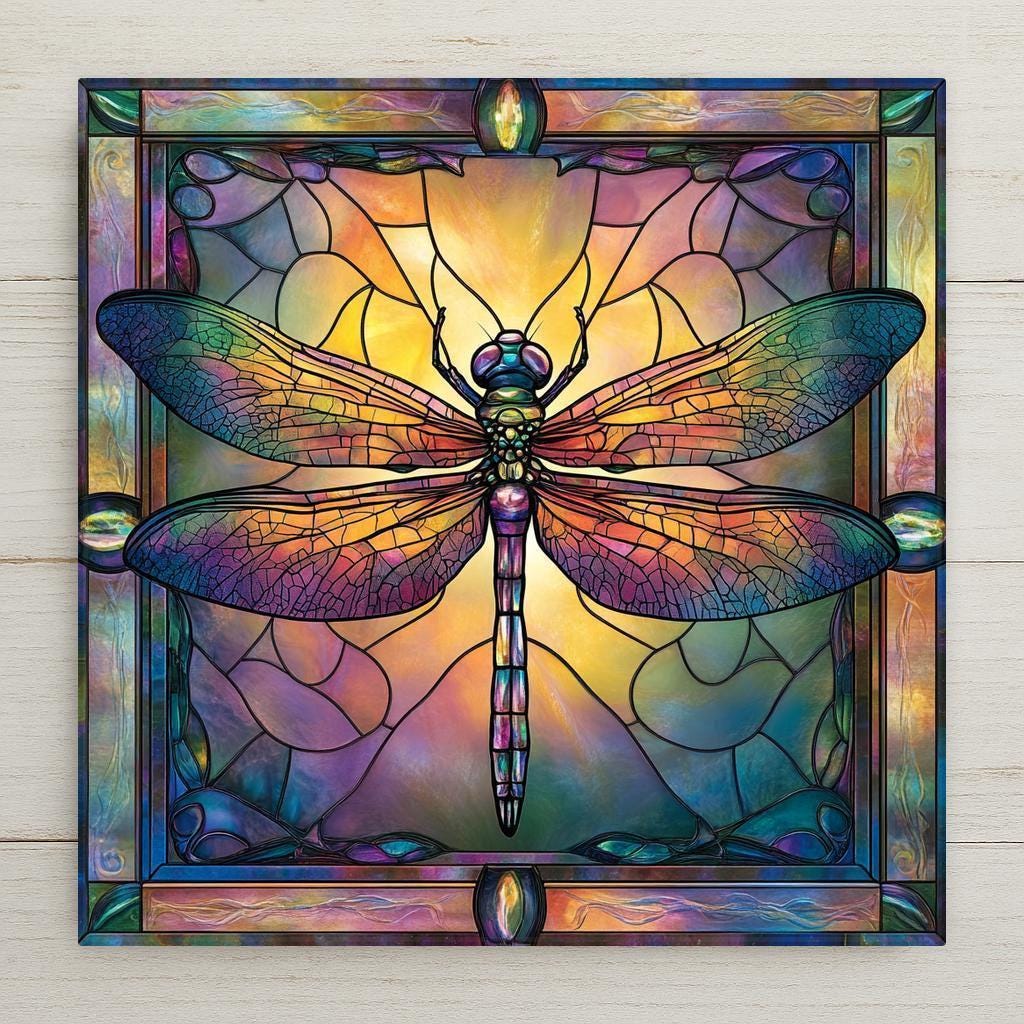 Dragonfly ceramic tile art in Art Nouveau Tiffany style. Iridescent wings and botanical lines create a glowing nature-inspired piece. Ideal for dragonfly lovers, spiritual decor, and vintage wall art collections. Glossy ceramic finish highlights rich color detail. A beautiful gift or accent.