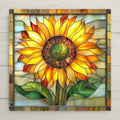 This Sunflower Ceramic Tile features a glowing stained-glass sunflower with warm yellow petals and green leaves. Ideal for rustic wall art, shelf display, or a garden-themed gift. Optional stand, cork backing, and tile hanger available.
