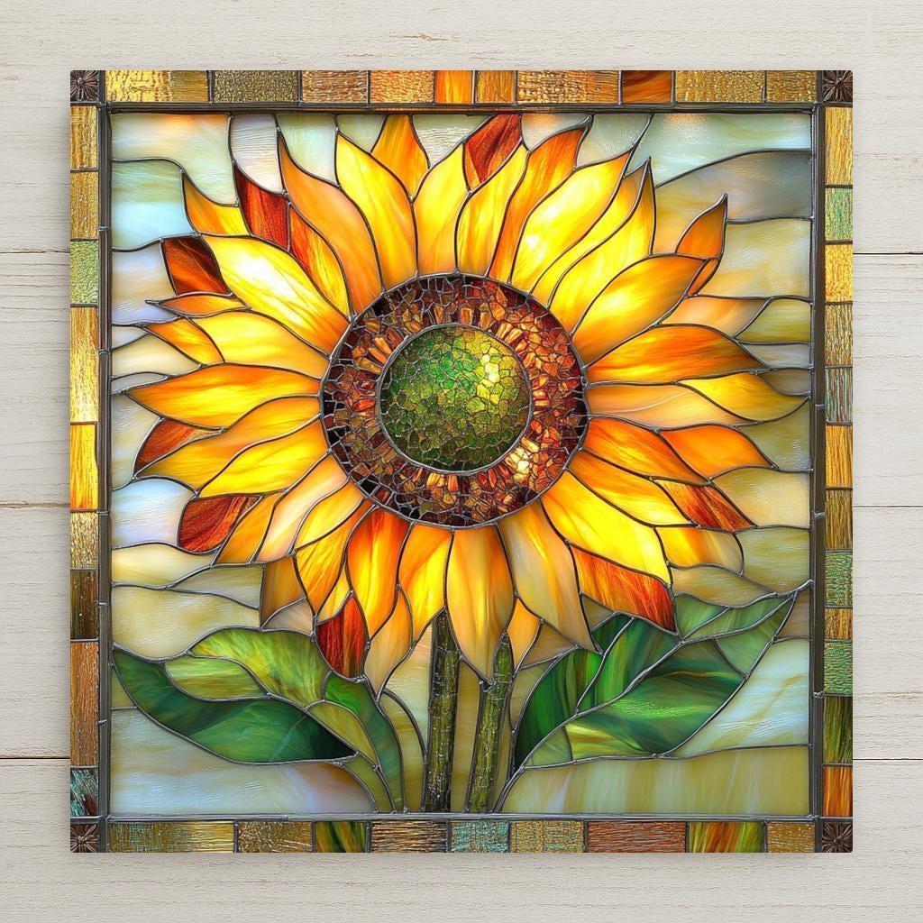 This Sunflower Ceramic Tile features a glowing stained-glass sunflower with warm yellow petals and green leaves. Ideal for rustic wall art, shelf display, or a garden-themed gift. Optional stand, cork backing, and tile hanger available.