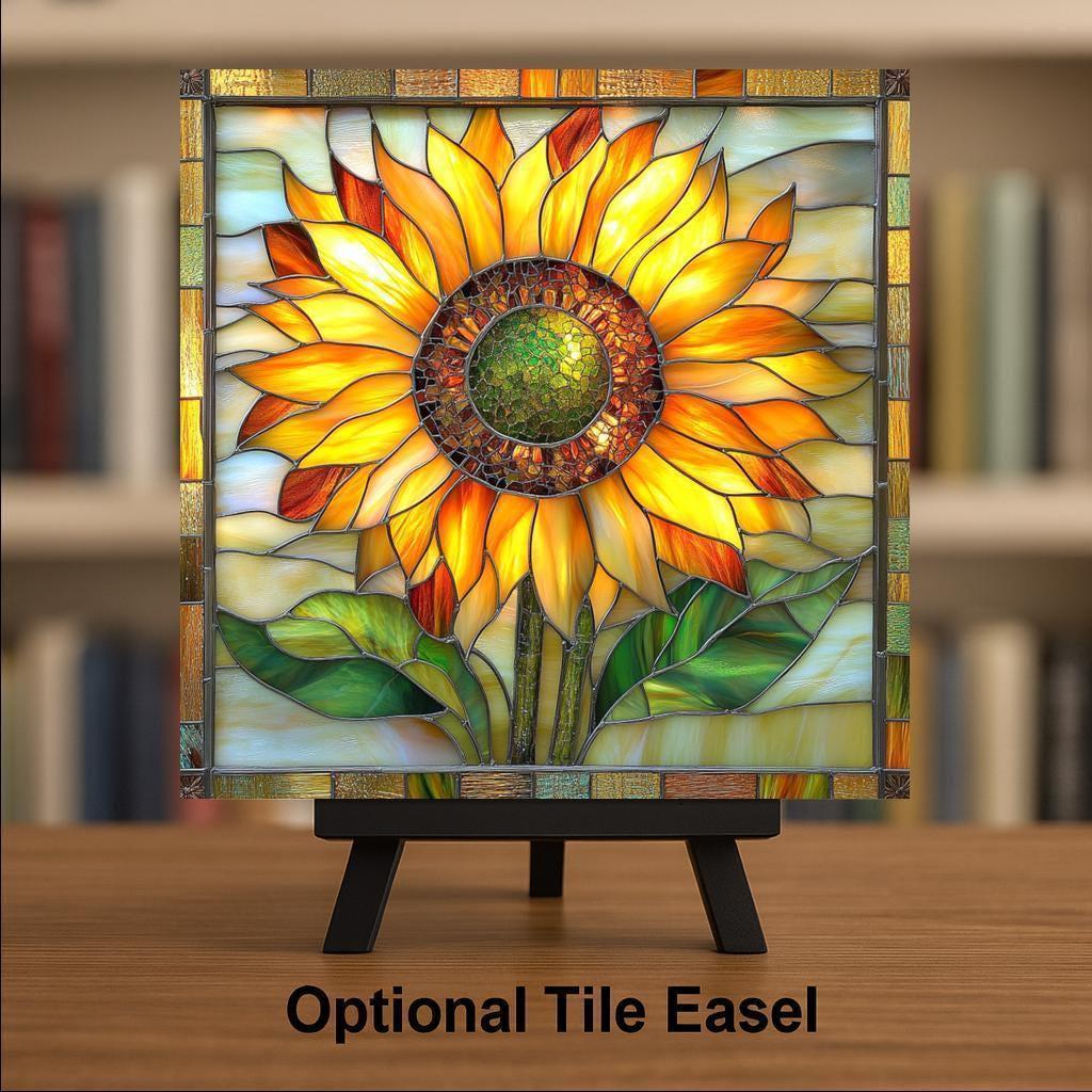 Sunflower Stained Glass Style Ceramic Art Tile: Nature Wall Decor Art Lover Gift Home Decor Wall Art