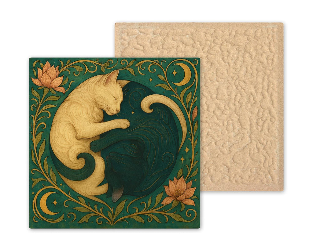Cat Wall Art Ceramic Tile Art Nouveau Gift William Morris Yin Yang Spiritual Decor Cat Lover Zen Nature Art