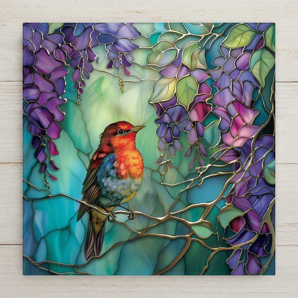Stained glass-look robin tile wall art. Permanent print on ceramic home decor. Optional tile wall hanger, cork backing, or tile stand available.