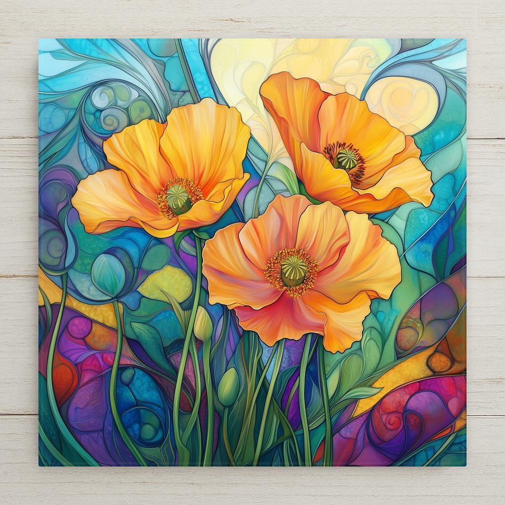 Vibrant California poppies bloom in stained glass style on this ceramic tile. Perfect floral wall decor or a cheerful handmade gift for flower lovers.