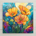 Vibrant California poppies bloom in stained glass style on this ceramic tile. Perfect floral wall decor or a cheerful handmade gift for flower lovers.