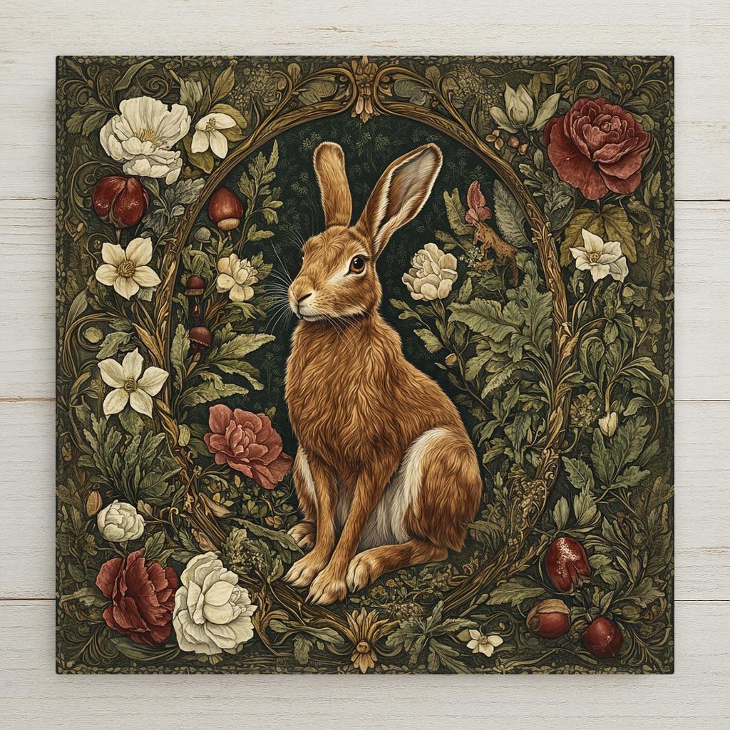 Woodland rabbit ceramic tile with Art Nouveau and William Morris floral design. Perfect for vintage decor, bunny lovers, or cottagecore homes. Glossy ceramic finish enhances earthy tones and ornate detail. A beautiful spring or Easter gift idea.