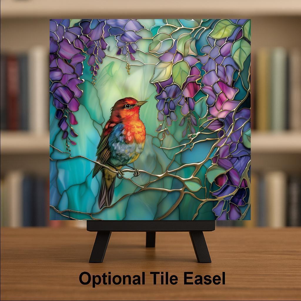 Red Robin Ceramic Art Tile – Stained Glass Style, Garden Bird Gift, Robin Lover Birdwatcher, Bird Art Nature