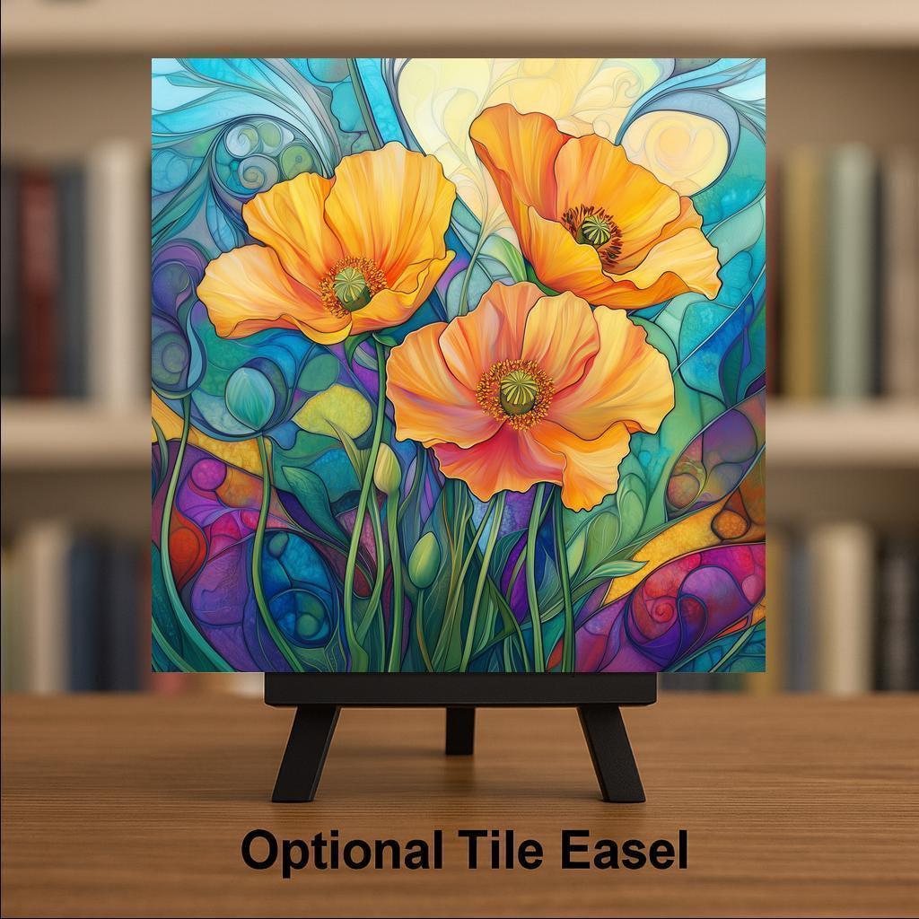 California Poppy Wall Art Ceramic Tile Stained Glass Style State Flower Gift Golden Poppy Decor Place Identity Art