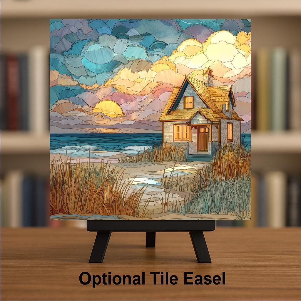 Coastal Cottage Stained Glass Style Ceramic Art Tile: Coastal Wall Decor Beach House Accent Ocean Home Decor Wall Art Nautical Cottage Art