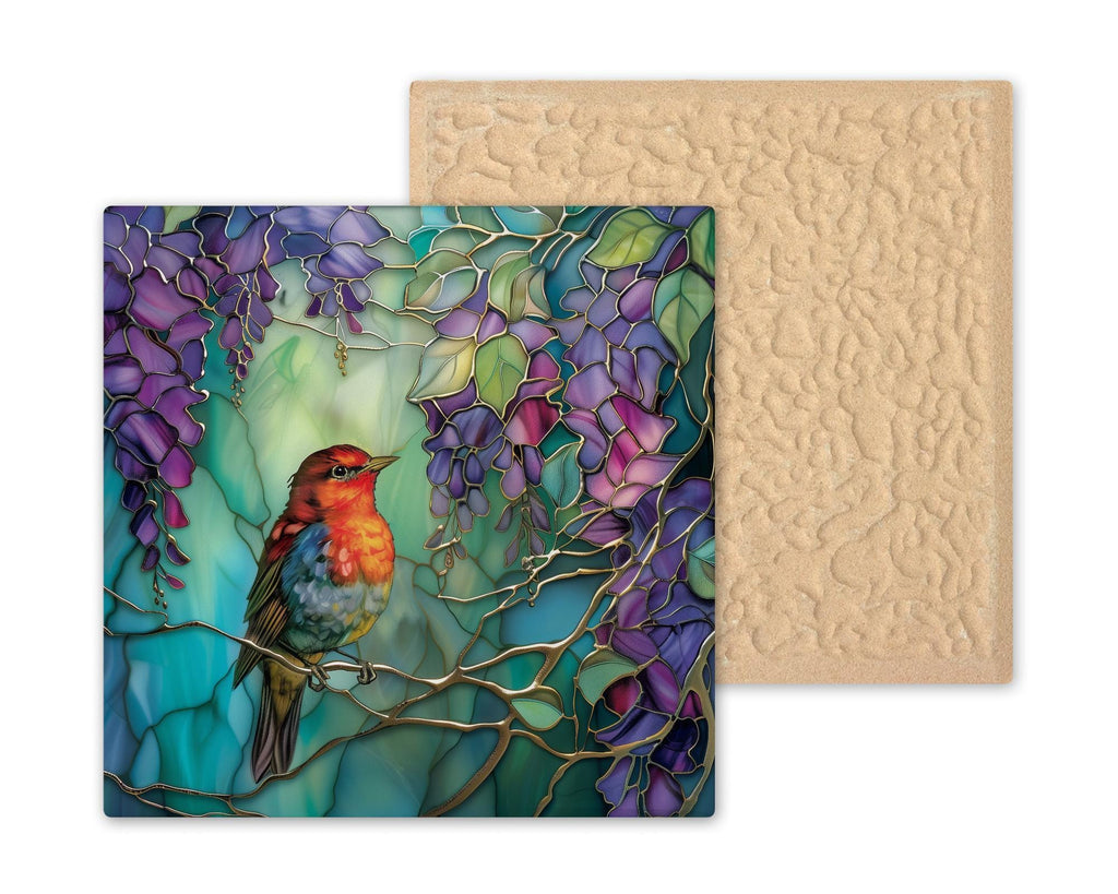 Red Robin Ceramic Art Tile – Stained Glass Style, Garden Bird Gift, Robin Lover Birdwatcher, Bird Art Nature