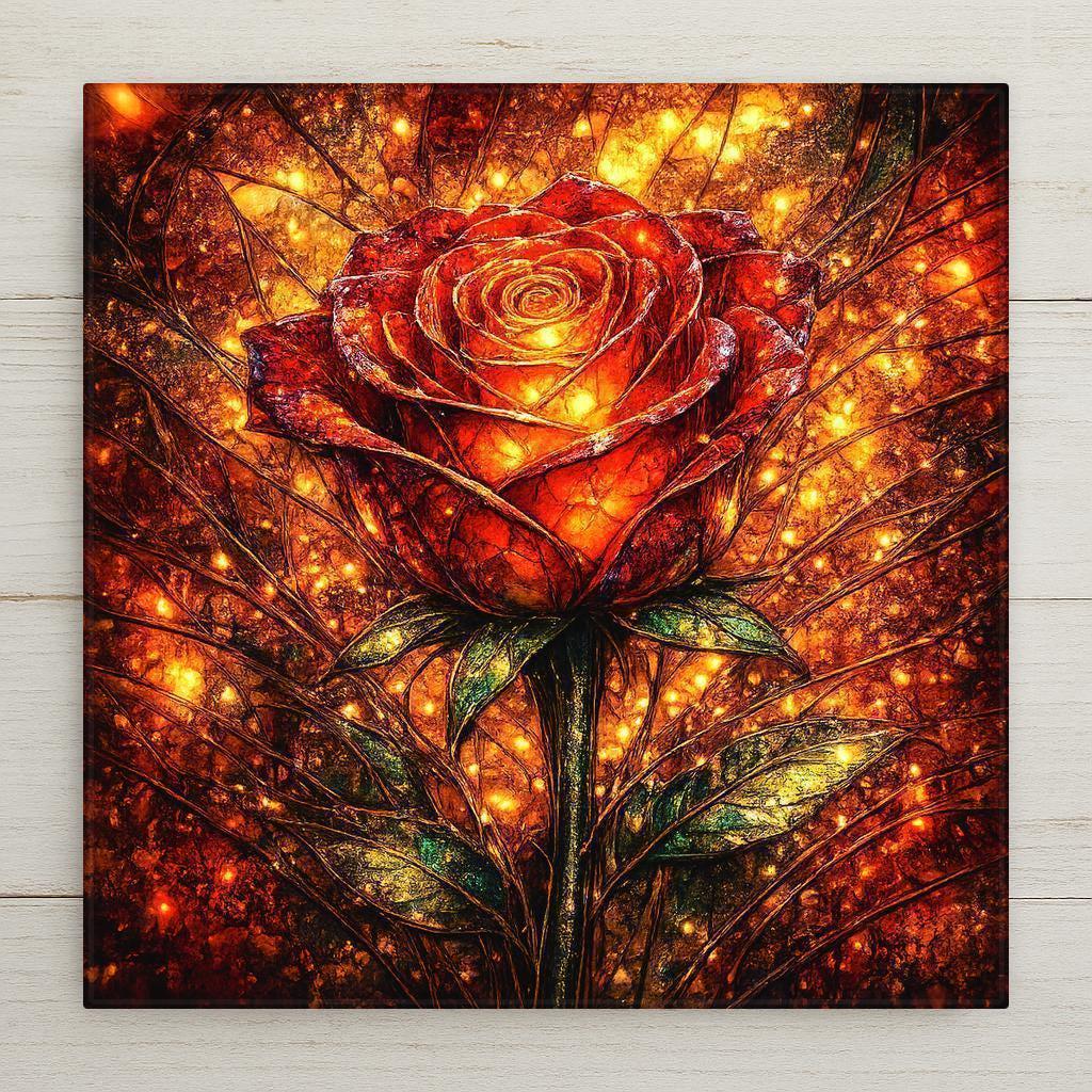 A glowing rose ceramic tile featuring a stained glass–style floral design in warm red, amber, and gold tones. This is a flat, high-resolution ceramic print, not real stained glass. Optional cork backing, easel tile stand, tile wall hanger, and premium frame are available for wall or tabletop display.