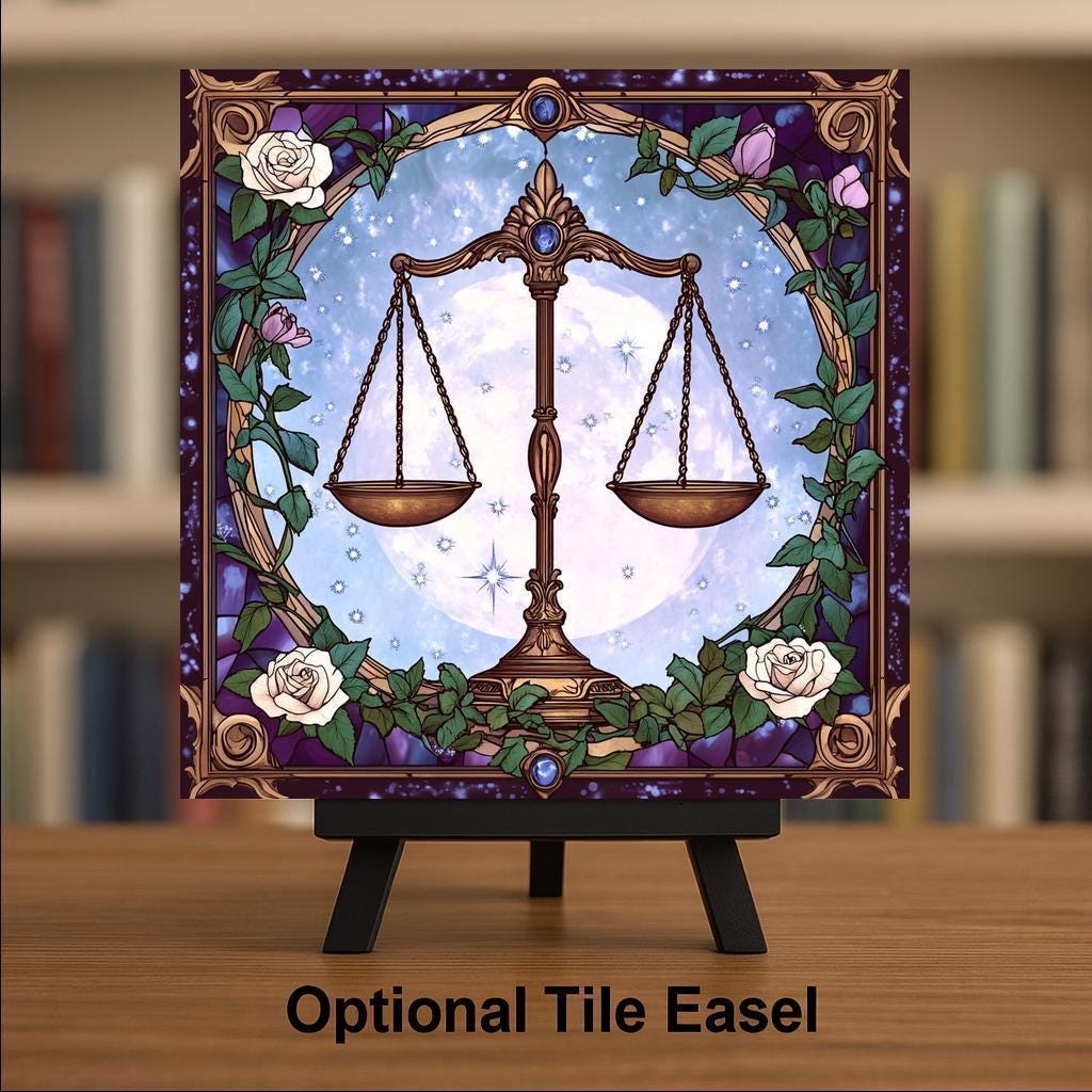 Libra Zodiac Ceramic Tile Wall Art – Stained Glass Style Astrology Decor, September October Birthday Gift, Celestial Home Accent