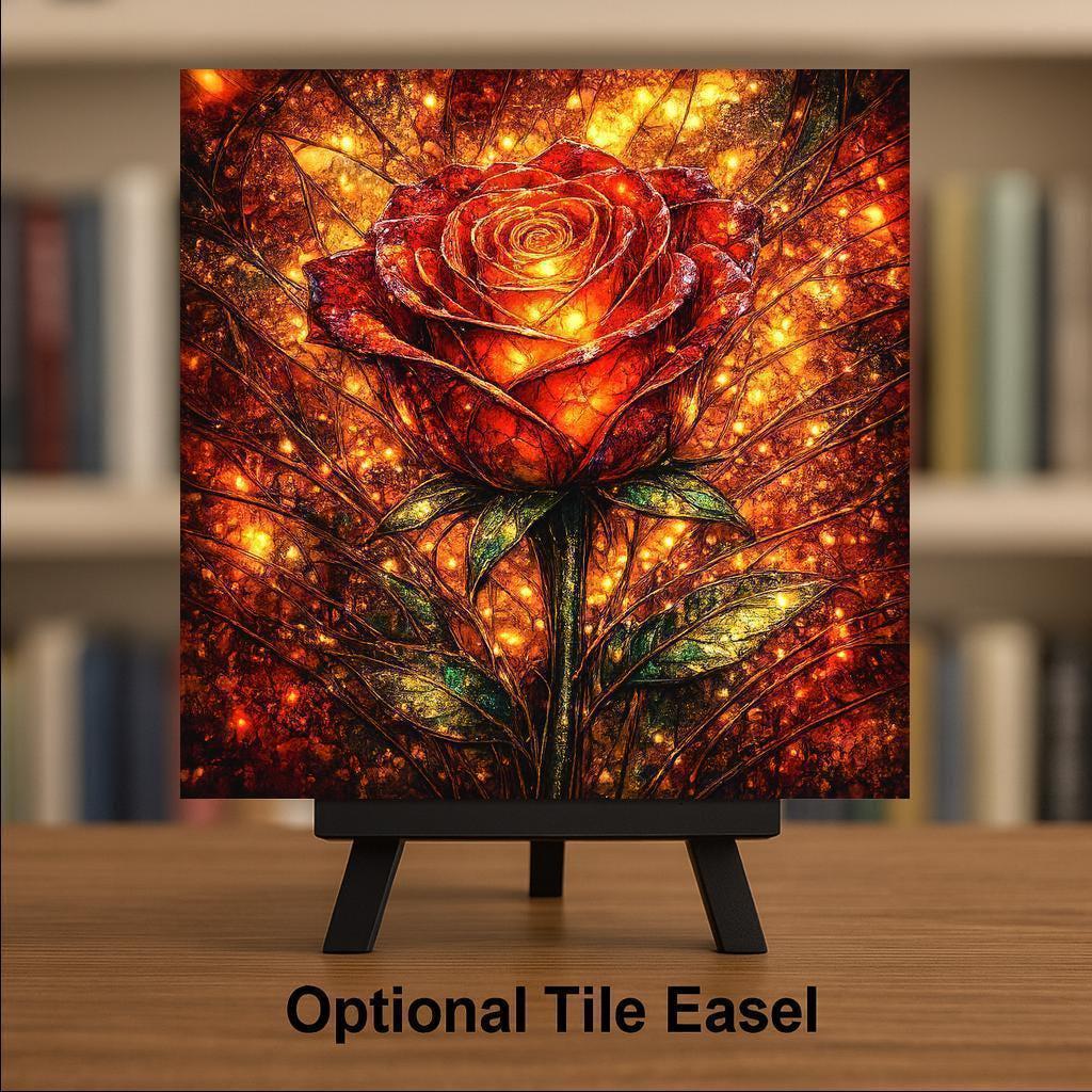 Glowing Rose Ceramic Tile Wall Art – Stained Glass Style Floral Home Decor, Romantic Botanical Art, Gift for Love & Anniversary