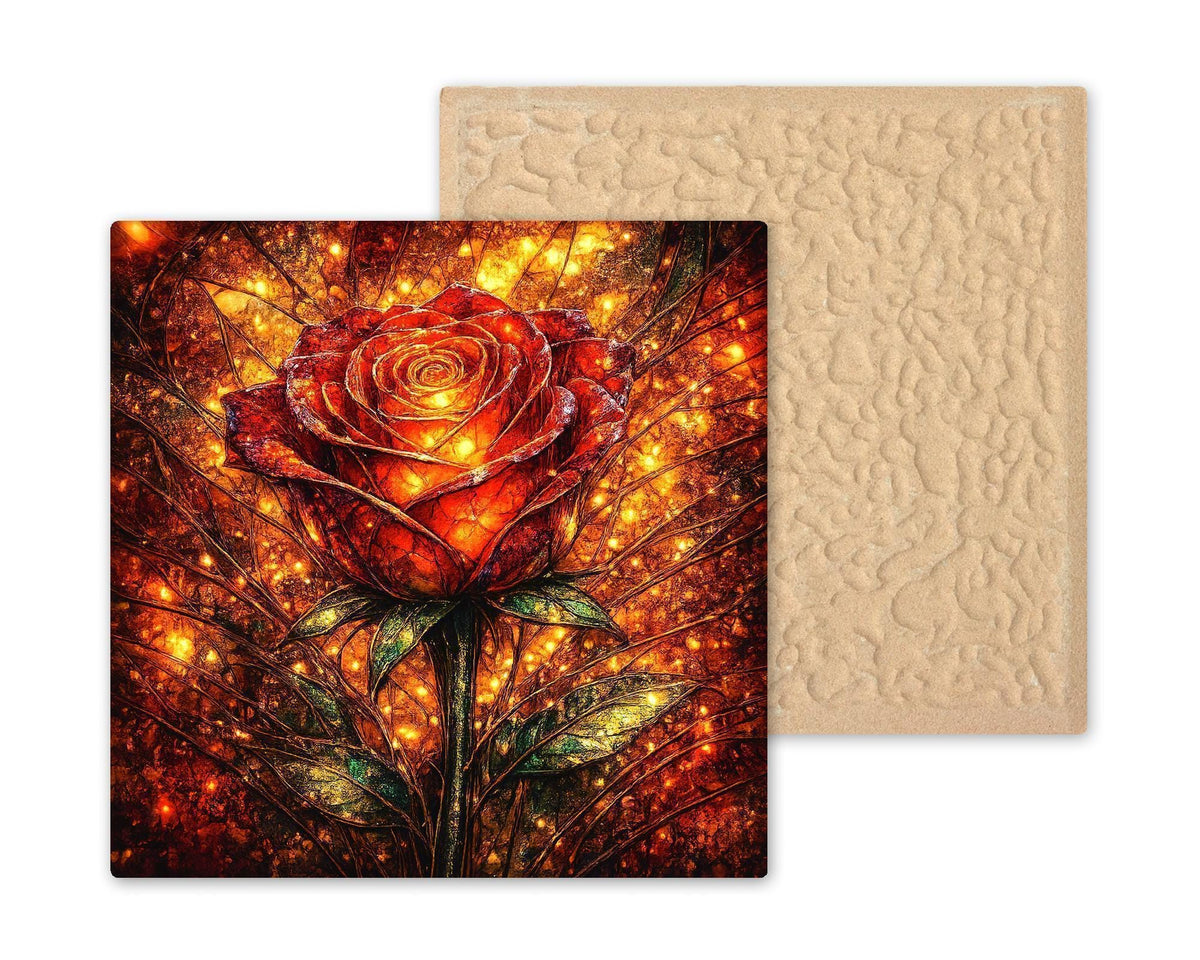Glowing Rose Ceramic Tile Wall Art – Stained Glass Style Floral Home Decor, Romantic Botanical Art, Gift for Love & Anniversary